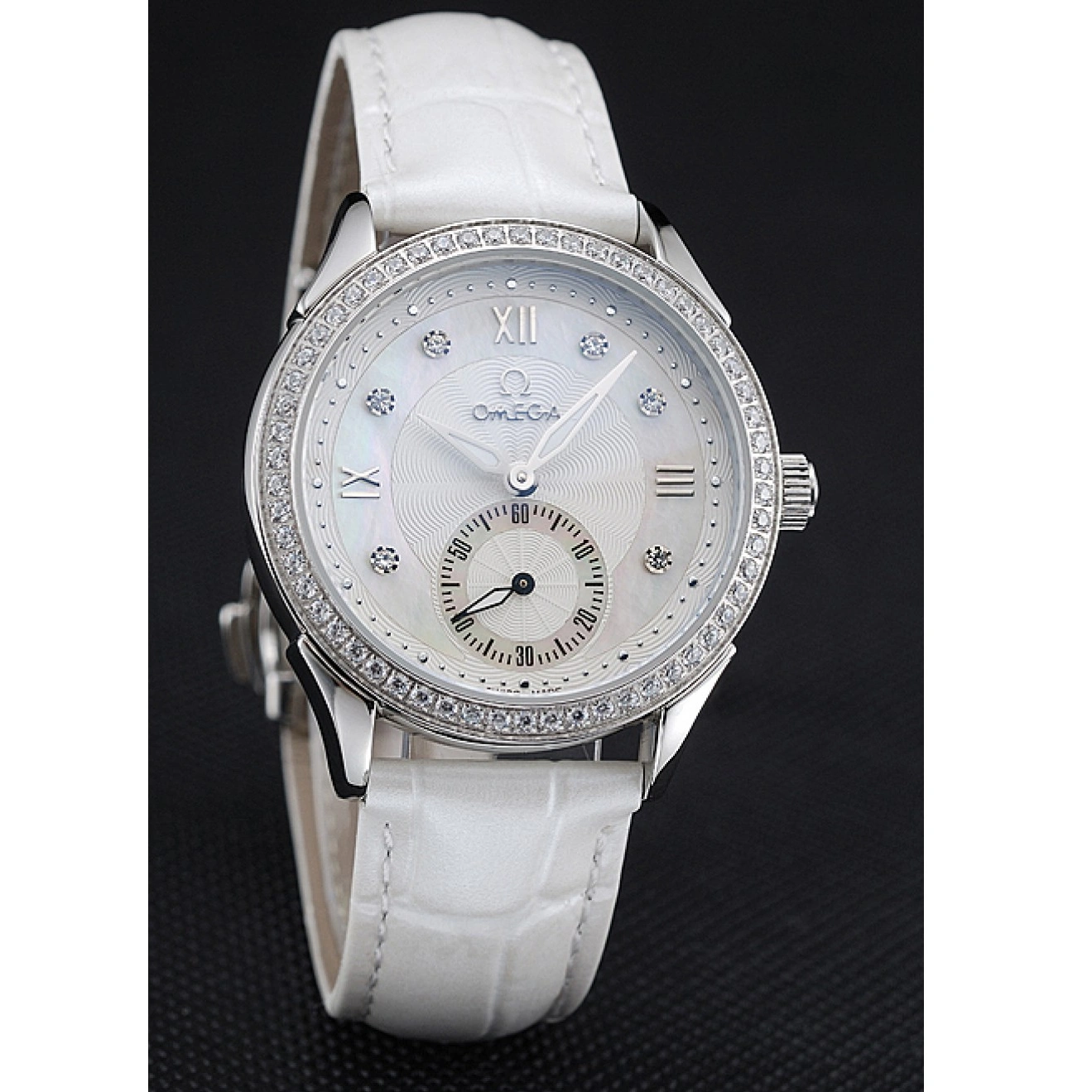 1013 Omega DeVille Prestige White Dial Silver Diamond Case White Leather Bracelet 1454119